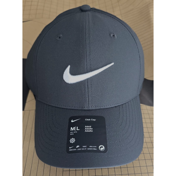 Nike Club Structured Swoosh Hat Charcoal Gray White Cap Size M/L FB5625 070 - Picture 1 of 15